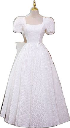 White Fitted Midi Dress For Prom, White Vintage Dress With Square Neck, White Square Neck Vintage Dress For Party, White Vintage Square Neck Dress For Party, White Tea Length Summer Dress, Elegant White Vintage Dress With Square Neck, White Knee-length Vintage Party Dress, White Square Neck Vintage Wedding Dress, White Square Neck Vintage Dress For Wedding