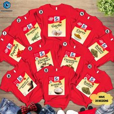 six t - shirts with different types of food on them and the numbers in each