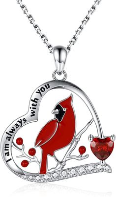 Legend has it that when you see a Cardinal appear, a loved one is near.This Red Cardinal remembrance necklace is a lovely way to express your love for you your missed ones. Material: Cardinal pendant is made of 925 sterling silver with sparkle Cubic Zirconia. The engraved words“I am always with you” in silver cardinal jewelry. Nickel-free, lead-free and hypoallergenic. Comfortable for daily wear, be safe for skin. Cardinal necklace Chain length: 18 Inch +2 Inch. It is the best gift for yourself Red Sterling Silver Jewelry For Gift, Red Personalized Jewelry For Mother's Day, Red Jewelry For Valentine's Day Gift, Red Pendant Jewelry As Gift For Her, Red Pendant Jewelry As A Gift For Her, Personalized Red Jewelry For Mother's Day, Red Sterling Silver Necklace With Heart Pendant, Personalized Red Jewelry Gift, Personalized Red Jewelry For Gift