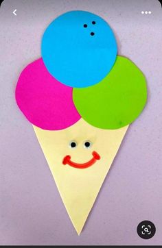 an ice cream cone with three balloons on it's top and a smiley face in the middle