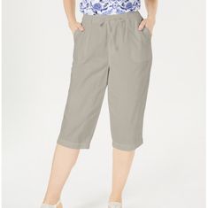 Karen Scott Cotton Light Tan Eyelet Cropped Pants New With Tags Color Is Closer To Real Photos Color Is Stonewall Spring Knee-length Pants With Elastic Waistband, Spring Daywear Cropped Leg Bottoms, Cropped Leg Spring Daywear Bottoms, Spring Cropped Leg Daywear Bottoms, Casual Knee-length Pants For Spring, Casual Knee-length Spring Pants, Spring Knee-length Pants With Pockets, Spring Cargo Shorts With Pockets, Spring Cropped Leg Capris With Pockets