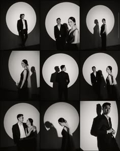 black and white images of people in suits posing for pictures with their shadows on the wall