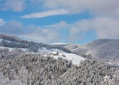 snow covered trees and mountains under a blue sky with white clouds in the foreground