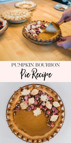 pumpkin bourbon pie recipe on a wooden table with other pies and pie plates in the background