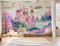 Enter a realm of wonder with our Magical Fortress mural wallpaper. Craft a haven where your child's creativity knows no limits, featuring a whimsical fortress nestled in the very soul of their space. This mesmerizing mural conjures the allure of fortresses, valiant knights, and graceful princesses, transforming it into the ideal enhancement for your child's bedroom or play area. Allow the walls to weave a narrative of exploration, aspirations, and boundless potential with this spellbinding wallp Disney Princess Nursery Mural, Unicorn Wallpaper For Home, Princess Nursery Wallpaper, Disney Princess Castle Mural, Unicorn Wallpaper Mural, Princess Mural, Pink Nursery Wallpaper, Castle Mural, Castle Wallpaper