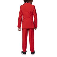 Perfect for a fall or winter special occasion, this 3-piece suit set from Opposuits' toddler boy's collection is made from breathable woven fabric to keep him comfortable. It includes a single-breasted blazer with notch lapels, straight-leg pants with a zip with hook-and-eye closure and side pockets, and a matching clip-on tie. Style it with a crisp crew neck t-shirt or button-down with sneakers.# Pieces In Set: 3Included: 1 Tie(s)1st Piece Description: Blazer1st Piece Collar: Banded Collar1st … Red Notch Lapel Suit With Single Button, Red Button Closure Suit For Semi-formal Occasions, Classic Red Three-piece Suit With Suit Collar, Red Suits For Little Boys, Kids Red Pants, 3 Piece Suits, Straight Leg Pants, Toddler Boys, Woven Fabric