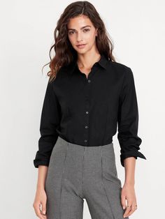 Slim Button-Down Shirt | Old Navy Black Collared Shirt Outfit, Collared Shirt Outfits, Black Collared Shirt, Chic Pants, Feminine Blouses, Cute Blouses, Tailored Shirts, Women Shirts Blouse, Shirts Blouses