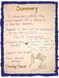 a poster with writing on it stating how to summary and the main events of a story