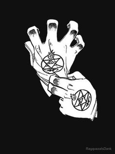 a black and white drawing of two hands with pentagramus on them