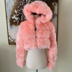 Baby Pink Faux Fur Cropped Jacket~ Size Small~ New Without The Tags~ Trendy Hooded Fur Coat For Fall, Trendy Hooded Fur Coat For Cold Weather, Trendy Fluffy Hooded Outerwear, Fluffy Winter Outerwear For Cold Weather, Winter Faux Fur Outerwear, Hooded Faux Fur Outerwear For Fall, Trendy Winter Fur Coat For Cold Weather, Trendy Fur Coat For Cold Winter Weather, Fluffy Hooded Faux Fur Outerwear