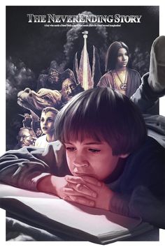 the never - ending story poster shows a young boy looking at an open book while surrounded by other people