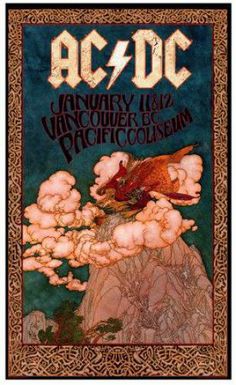 an old concert poster for ac / dc with a bird flying over the mountain and clouds