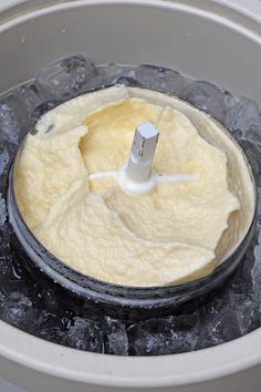 a food processor filled with batter and ice