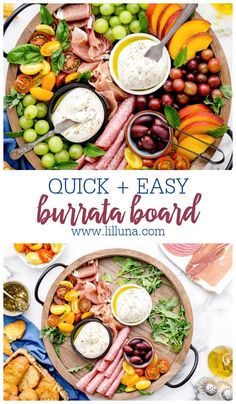 two plates with different types of food on them and the words quick and easy burrata board