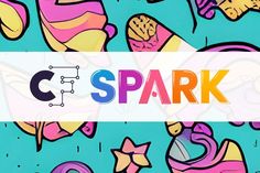 the words spark are painted on top of an image of cartoon characters and shapes in bright colors