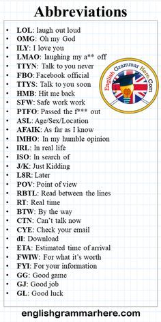 an image of the abbreviations and abbreviations for different types of english speaking words