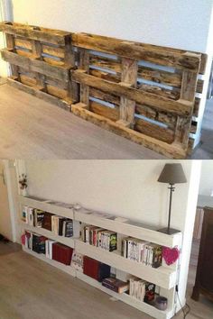 two different types of bookshelves made out of pallets