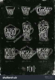 chalkboard menu with coffee cups and lettering