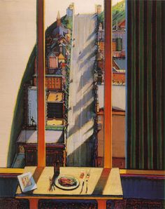 a painting of a dining room table in front of an open window with cityscape