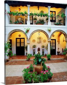 a courtyard with potted plants and flowers in front of it at night, surrounded by arched doorways