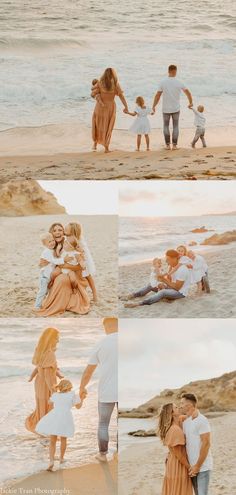 family photos on the beach at sunset with parents and children in orange dresses, holding hands