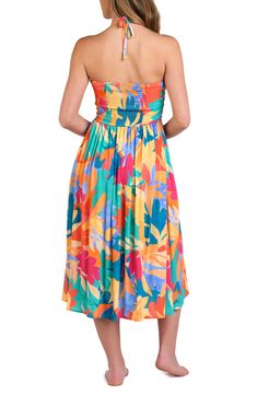 A vibrant tropical print elevates an airy dress featuring side-seam pockets perfect for seaside souvenirs. Ties at neck Halter neck Side-seam pockets 100% viscose Hand wash, line dry Imported Vibrant Tropical Print Dress For Beach Season, Tropical Vacation Dresses With Vibrant Print, Vibrant Tropical Print Beach Dress, Tropical Multicolor Sundress For Vacation, Tropical Multicolor Sundress For Summer Outings, Tropical Print Sundress For Summer Outings, Beach Sundress With Tropical Print In Midi Length, Beach Sundress With Tropical Print, Midi Length, Beach Sundress With Tropical Print And Midi Length