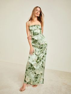 Frankie Silk Dress - Sleeveless Maxi/Long | Reformation Frankie Silk Dress, Floral Bridesmaid Dresses, Ankle Length Dress, Reformation Dress, Silky Dress, Tea Garden, Reformation Dresses, Green Floral Dress, Silk Maxi Dress