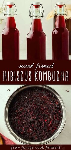 three bottles of hibiscus kombucha with text overlay that reads second ferment hibiscus kombucha