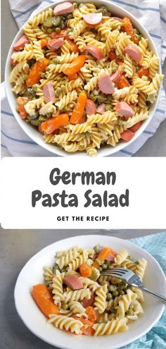 a bowl filled with pasta and vegetables next to the words german pasta get the recipe