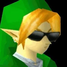 an animated image of a man wearing sunglasses and a green outfit with yellow hair, in front of a blue background