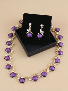 3pcs/Set Gold-Tone Circular Purple Sparkling Rhinestone Necklace And Earrings Set For Women, Valentine's Day, Mother's Day, Graduation, Party, Wedding | SHEIN USA Metal Jewelry Sets With Clavicle Chain For Weddings, Wedding Jewelry Set With Clavicle Chain, Wedding Jewelry Set With Metal Necklace, Party Jewelry Sets With Jewels In Alloy, Alloy Jewelry Sets With Jewels For Party, Party Jewelry With Matching Alloy Earrings, Party Alloy Jewelry With Matching Earrings, Metal Jewelry Sets With Matching Earrings For Party, Purple Crystal Jewelry Set For Party