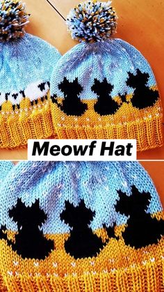 two knitted hats with black and yellow designs on the top, one is blue