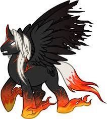 a black and white horse with flames on it's body