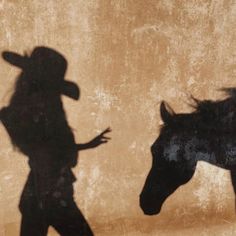 a shadow of a man and a horse on a wall with the shadow of a cowboy