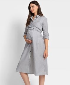 in stock Elegant Button-up Cotton Midi Dress, Classic Collared Dress For Casual Occasions, Classic Long Sleeve Dress For Dress Down, Elegant Collared Shirt Dress For Dress Down, Elegant Collared Shirt Dress For Casual Wear, Elegant Collared Cotton Dress, Elegant Cotton Collared Dress, Spring Maternity Dress For Daywear, Elegant Cotton Button-up Maxi Dress