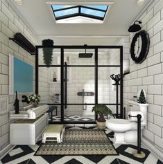 this bathroom has black and white tiles on the floor, walls, and ceilinging