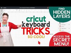 a woman in an apron is pointing at the screen on her computer and has text that reads, cricut keyboard tricks so cool