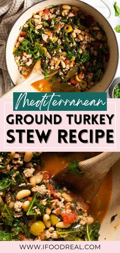 a white bowl filled with stew and vegetables next to the words mediterraneann ground turkey stew recipe