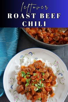 A white plate with beef chili over a bed of rice, a pot of chili and a blue kitchen towel on a table. Beef Chilli, Leftover Chili, Leftover Pizza, Bbq Meat, Beef Chili, Leftovers Recipes