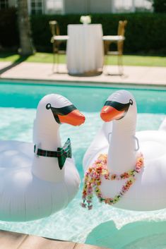 two inflatable ducks are sitting on the edge of a swimming pool, one is wearing a lei