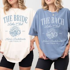 two women standing next to each other wearing shirts that say the bride and the bachelor