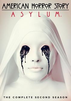 an advertisement for american horror story asy lum featuring a woman with white makeup and black hair