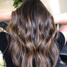 Back of woman’s head with long, wavy, warm brown hair, created using Wella Professionals. Hair Cover, Brown Hair With Highlights, Dark Brown Hair