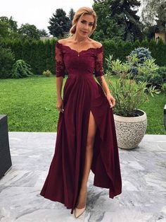 A Line Off Shoulder Half Sleeves Lace Maroon Prom Dresses with Slit, O – Shiny Party Gaun Tulle, Burgundy Bridesmaid, Simple Prom Dress, 파티 드레스, Custom Prom Dress, Modest Bridesmaid Dresses, Burgundy Prom Dress, Burgundy Bridesmaid Dresses, Prom Dresses Modest