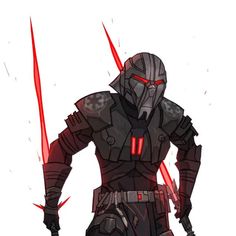 a character from the video game star wars standing with two red lights on his chest