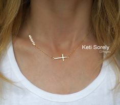 "Customize this beautiful name necklace with name of your choice and it will be handcrafted just for you. Add sideways cross for more meaningful gift. Choose between Sterling silver, Solid Gold or 14K Gold Filled. Perfect and affordable gift for birthdays, graduation, valentines' day, Christmas and etc. Also it will be perfect addition to you spring, summer/beach collection. Metal: * Sterling Silver * Yellow Gold over Sterling Silver * Rose Gold over Sterling Silver *14K Yellow Gold-Filled *14K Necklace With Cross, Necklace With Name, Beautiful Name, Cross Necklace Sideways, Nameplate Necklace, Beach Collection, Affordable Gifts, Silver Rose Gold, 10k Gold