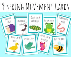 printable spring movement cards for toddlers with pictures of animals and insects on them