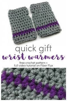 two crocheted wrist warmers with text that reads quick gift wrist warmers free crochet pattern and full video tutor