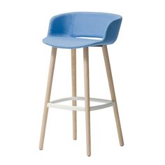 a blue and white bar stool with wooden legs on an isolated white background, viewed from the front