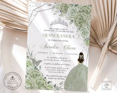 an elegant quinceauera bridal gown and flowers are featured in this wedding card